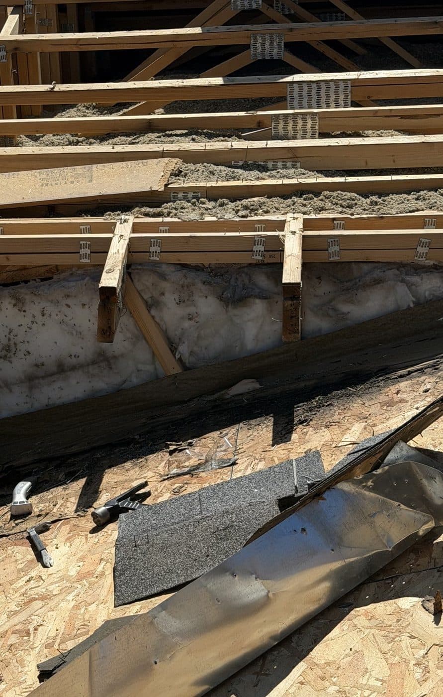 Tear-off on a job: open rafters, insulation, and new deck